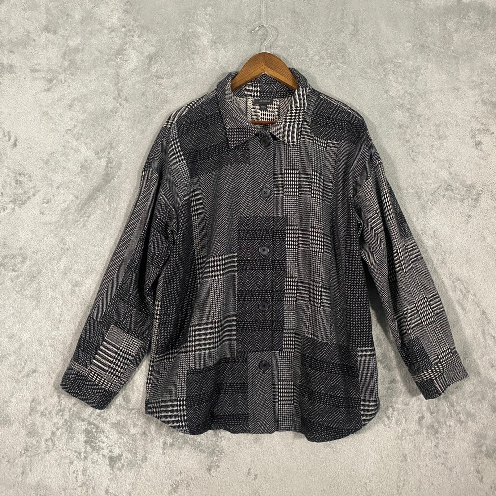 J. Jill Shirt Jacket Sz L Black White Wearever Patchwork Herringbone Textured